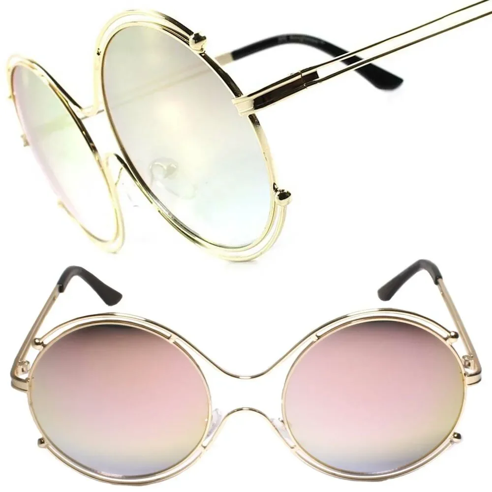 Upscale Gold Frame Color Mirror Lens Womens Designer Oversized Round Sunglasses